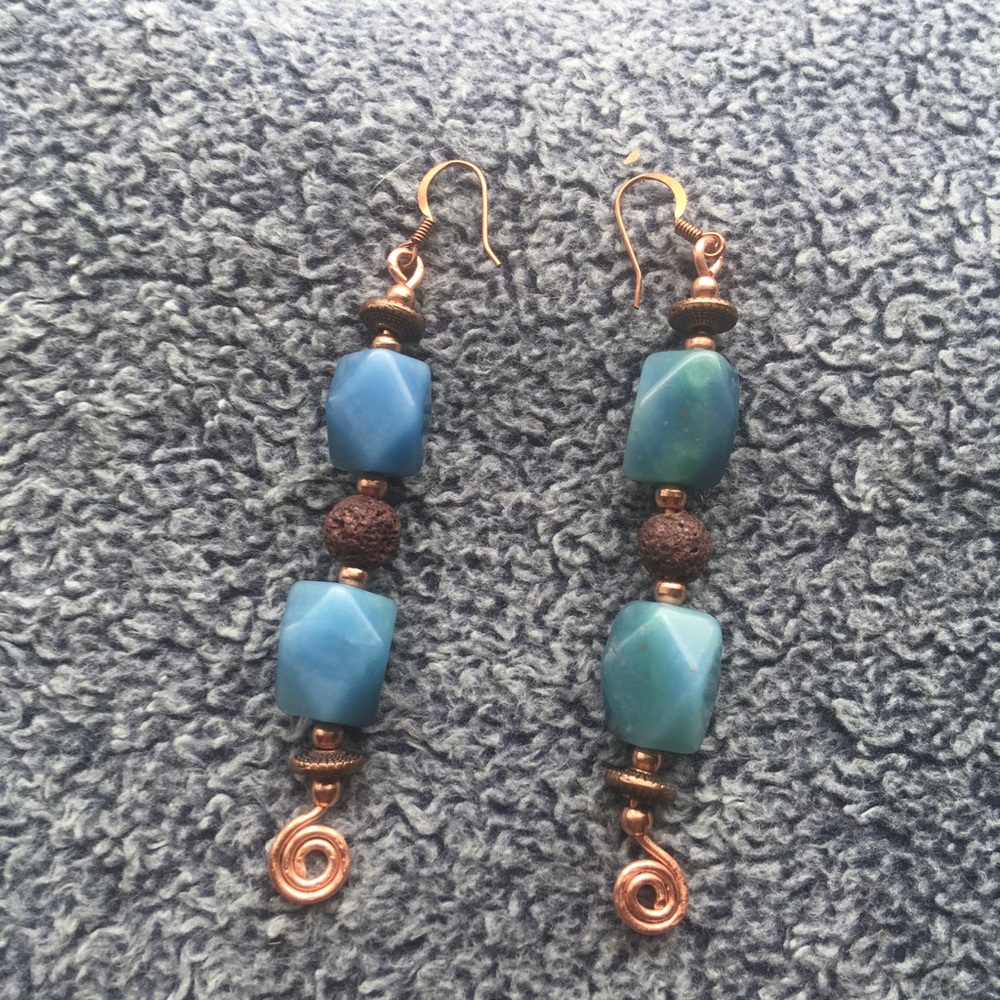 Dyed agate, lava stone, and copper earrings